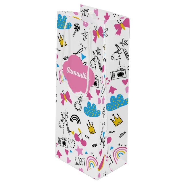 Simple Girly First Name Colourful Birthday Pattern Wine Gift Bag (Front Angled)