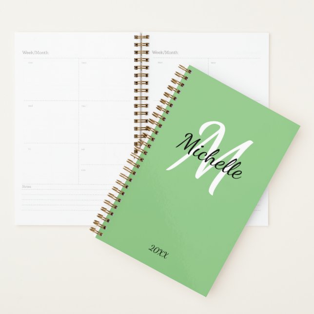Simple Girly Green Monogram Name + Initial Planner (Display)