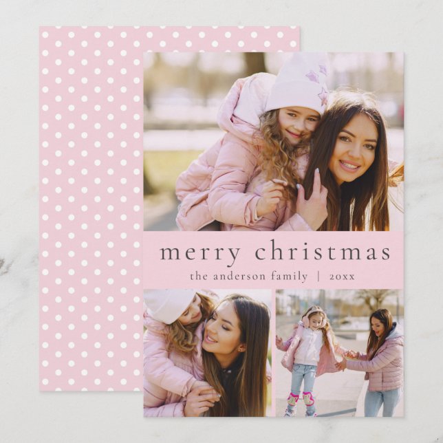 Simple Girly Pink Multi Photo Merry Christmas Holiday Card (Front/Back)