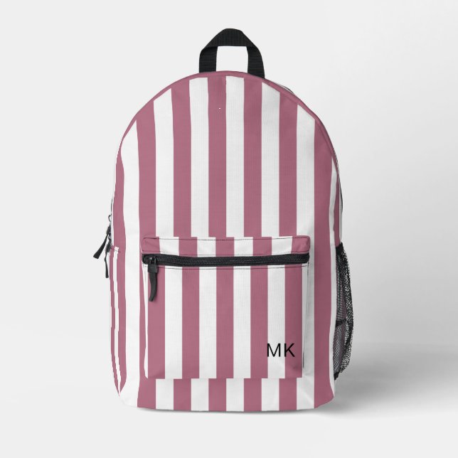 Simple Girly Pink Striped Monogram Initials Printed Backpack (Front)