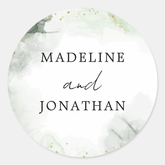 Simple Glam Sage Green Watercolo Splash Wedding Classic Round Sticker (Front)