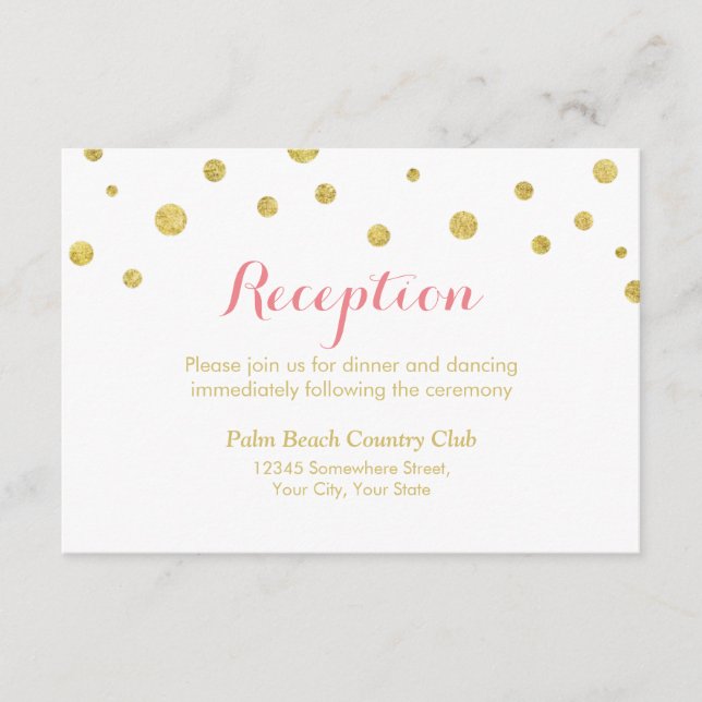 Simple Glitter Gold Dots Wedding Reception Enclosure Card (Front)