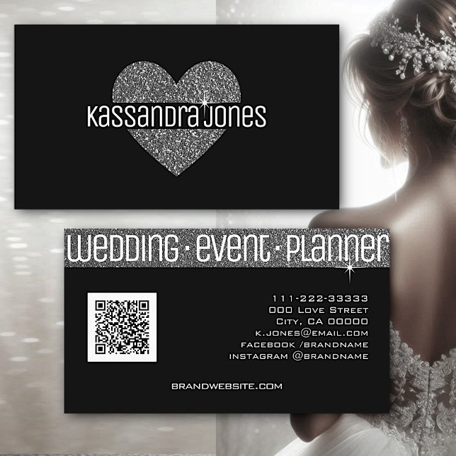Simple Glitter Heart Shape Black and White Modern Business Card (Creator Uploaded)