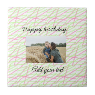 Simple glitter red green add your photo birthday   tile