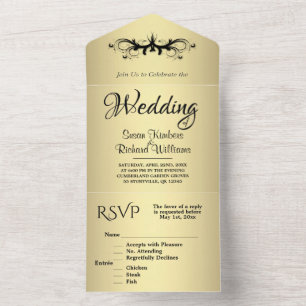 Simple Gold and Black Tri Fold w Rsvp Wedding  All In One Invitation