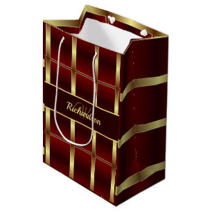 Simple Gold And Burgundy Chequered Monogrammed Medium Gift Bag