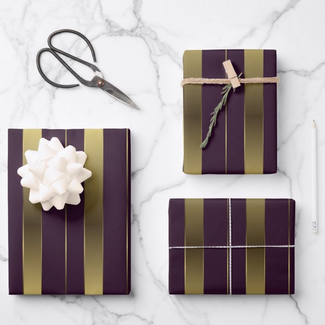 Simple Gold And Burgundy Purple Geometric Stripes Wrapping Paper Sheet (Front)