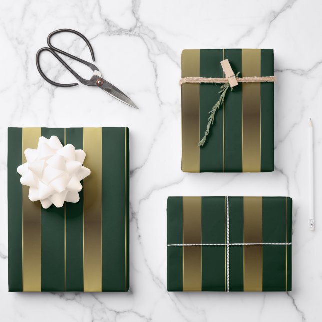 Simple Gold And Emerald Green Geometric Stripes Wrapping Paper Sheet (Front)