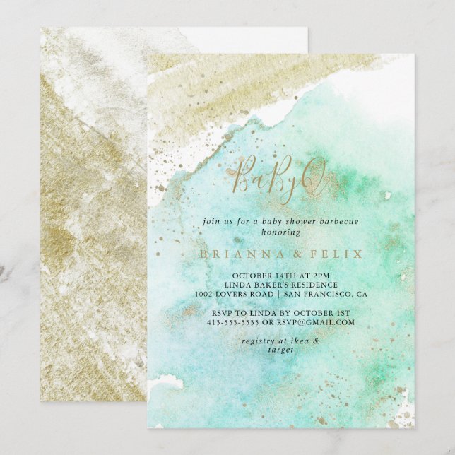 Simple Gold and Green BabyQ Baby Shower Barbecue Invitation (Front/Back)