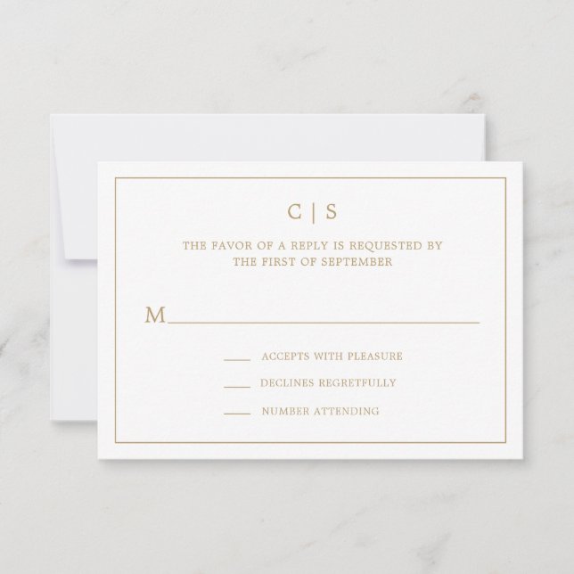Simple Gold and White Monogram Wedding RSVP Card (Front)