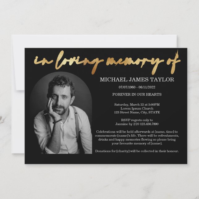 Simple Gold Arch Photo In Loving Memory Funeral  Invitation (Front)