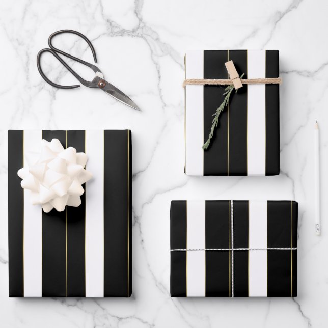 Simple Gold Black And White Geometric Stripes Wrapping Paper Sheet (Front)