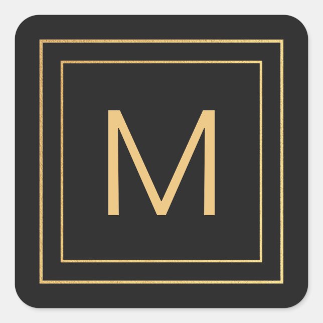 Simple Gold | Black | Monogram Square Sticker (Front)