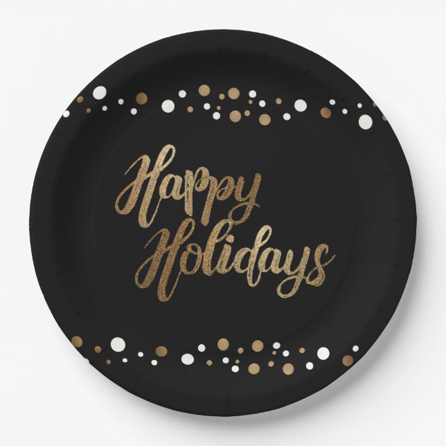 Simple Gold Black White Confetti Holiday Party Paper Plate (Front)