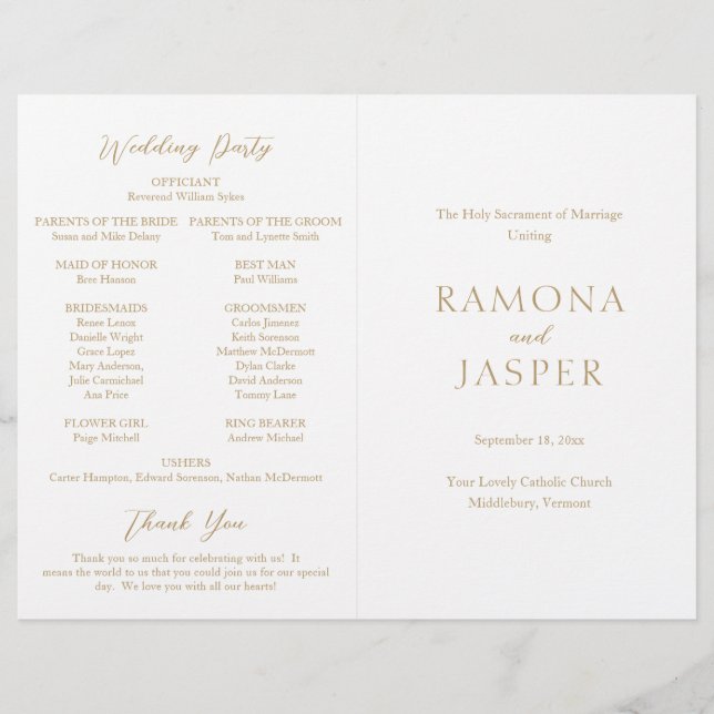 Simple Gold Bold Modern Catholic Wedding Program (Front)