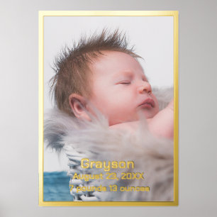 Simple Gold Bordered Birth Photo Foil Prints
