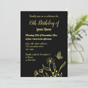 Simple gold butterflies black birthday invitation