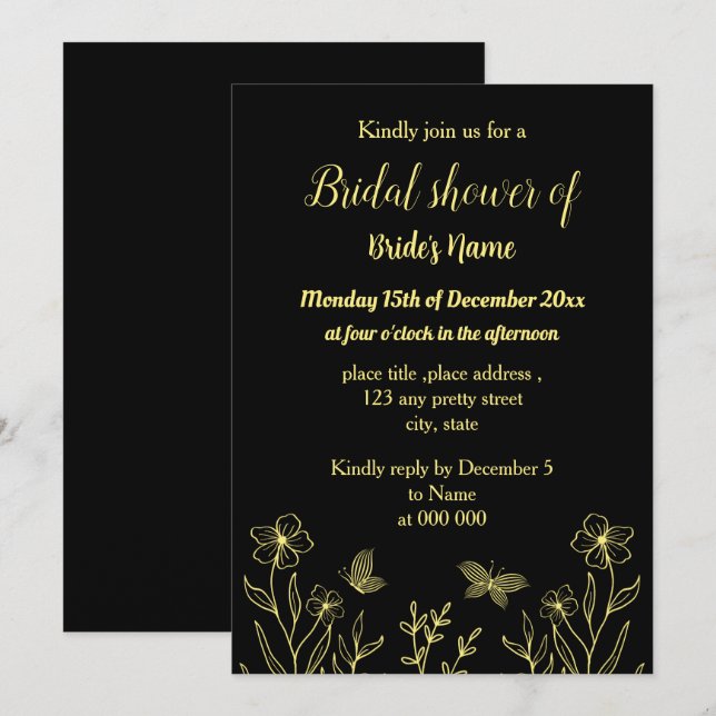 Simple gold butterflies black bridal shower invitation (Front/Back)