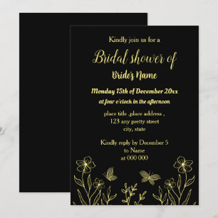 Simple gold butterflies black bridal shower invitation