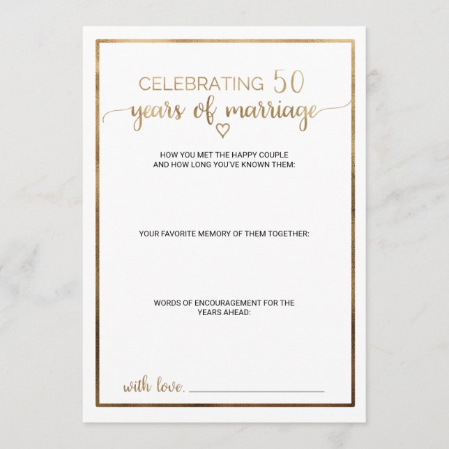 Simple Gold Calligraphy 50th Wedding Anniversary Advice Card (Front)