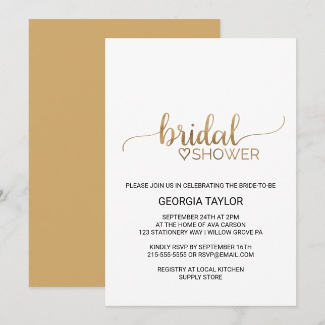 Simple Gold Calligraphy Bridal Shower Invitation (Front/Back)
