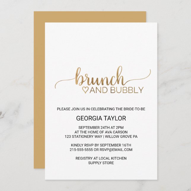 Simple Gold Calligraphy Brunch and Bubbly Invitation (Front/Back)