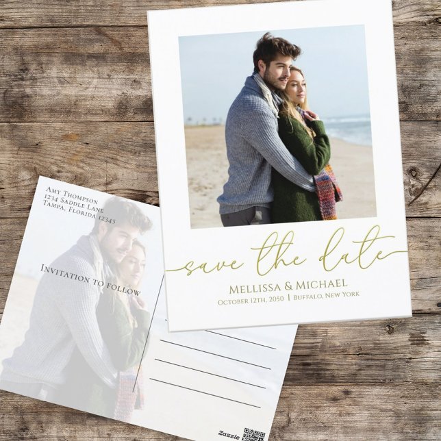 Simple Gold Calligraphy Script Modern Two Photo  Postcard (Creator Uploaded)