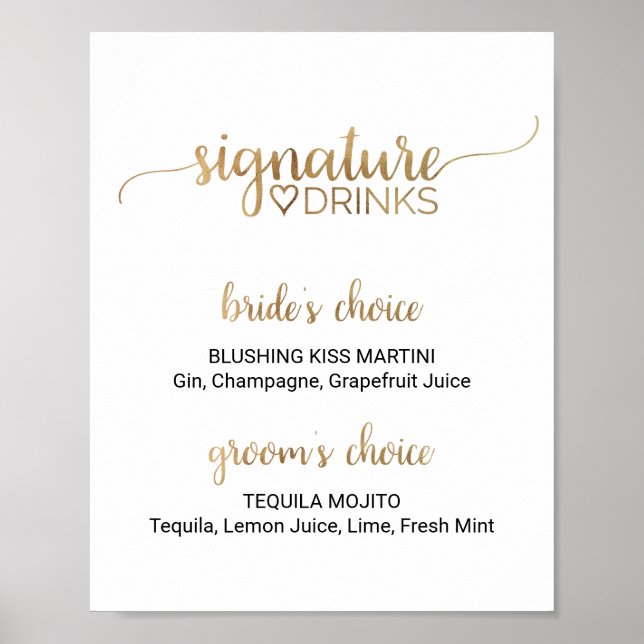 Simple Gold Calligraphy Signature Drinks Sign (Front)