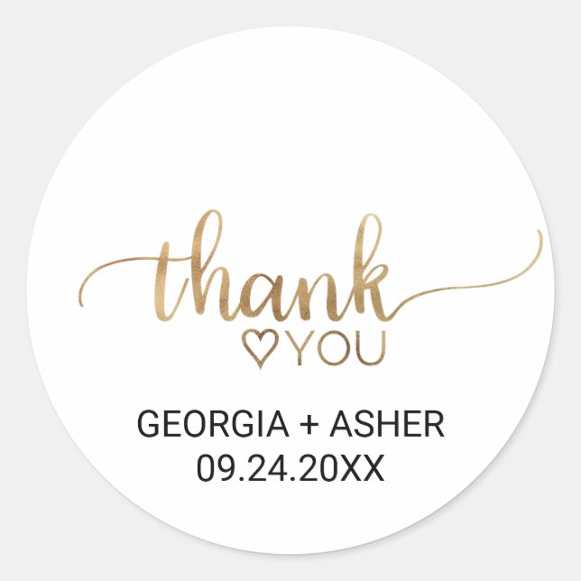 Simple Gold Calligraphy Thank You Wedding Favour Classic Round Sticker (Front)