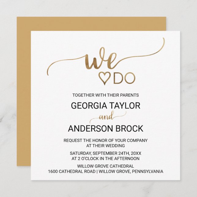 Simple Gold Calligraphy "We Do" Square Wedding Invitation (Front/Back)