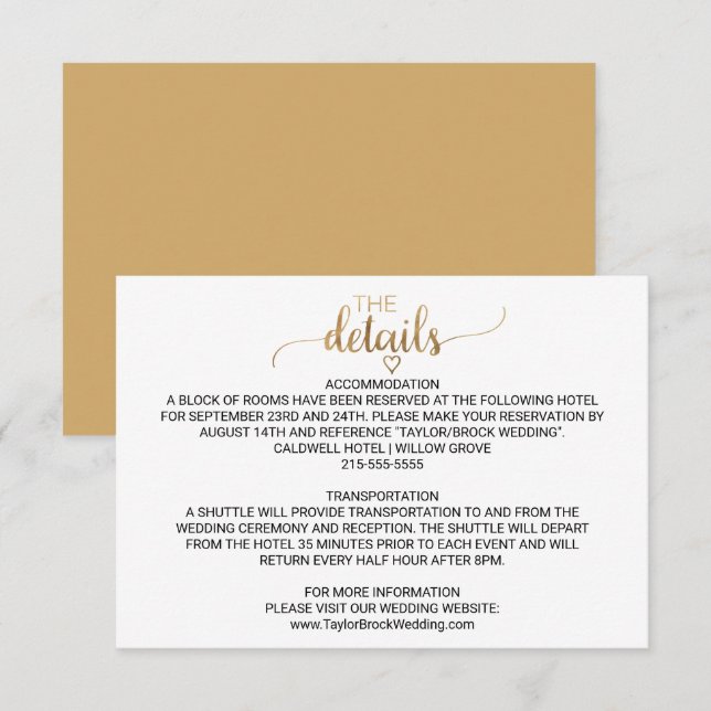 Simple Gold Calligraphy Wedding Details Card (Front/Back)