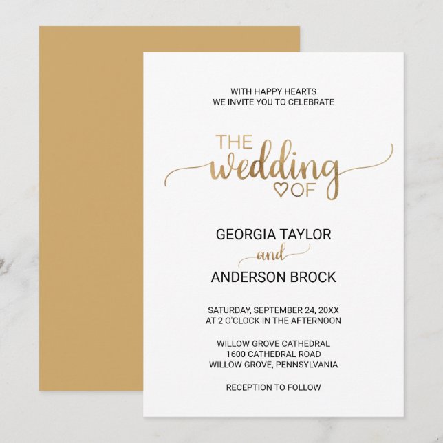 Simple Gold Calligraphy Wedding Invitation (Front/Back)
