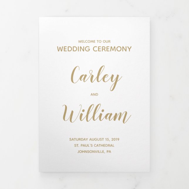 Simple Gold Calligraphy Wedding Program Tri-Fold Programme (Cover)