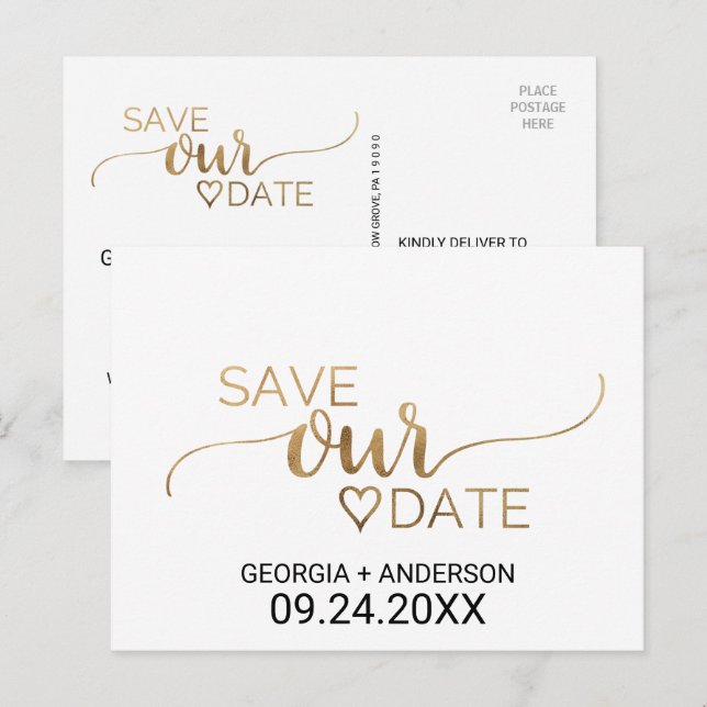 Simple Gold Calligraphy Wedding Save the Date Announcement Postcard (Front/Back)