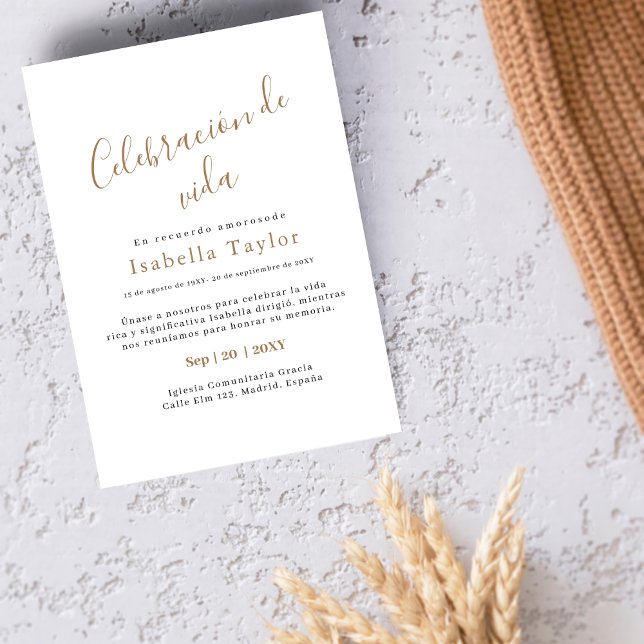  Simple Gold | Celebración de Vida Spanish Funeral Invitation (Creator Uploaded)
