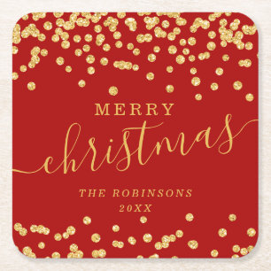 Simple GOLD Christmas Holidays Glitter Red Square Paper Coaster