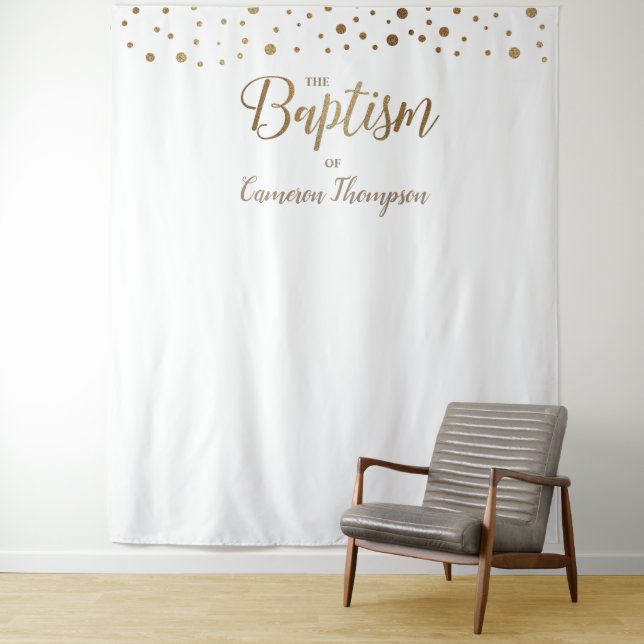 Simple Gold Confetti Baptism Backdrop Tapestry (In Situ)