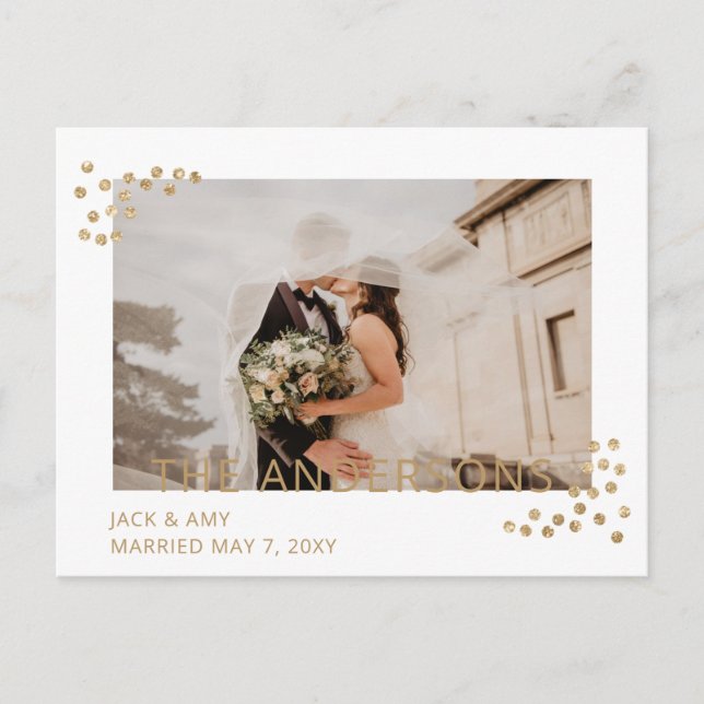 Simple Gold Confetti Photo Wedding Announcement Postcard (Front)