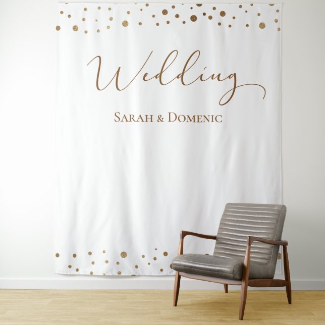 Simple Gold confetti wedding script Custom Names Tapestry (In Situ)