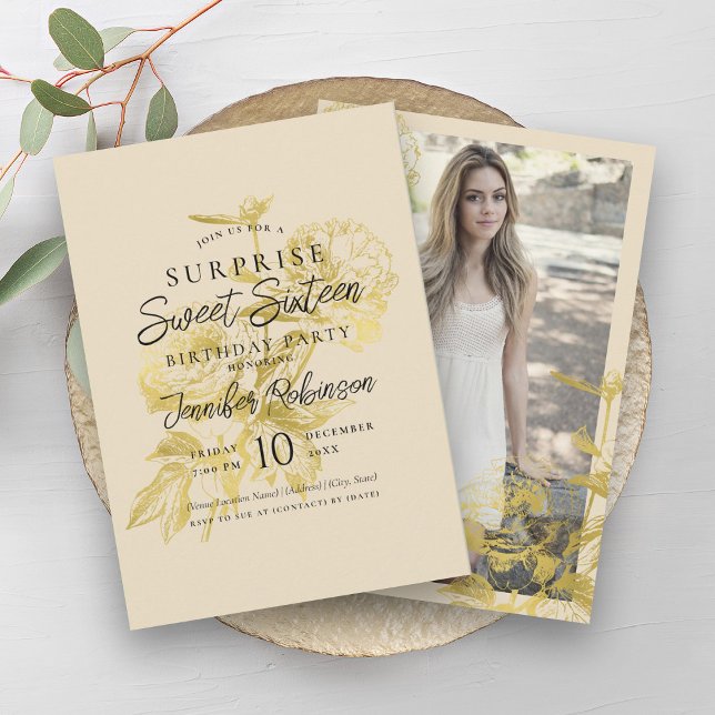 Simple Gold Cream Floral Photo SURPRISE Sweet 16   Invitation (Simple Gold Cream Floral Photo SURPRISE Sweet 16 Invitation)