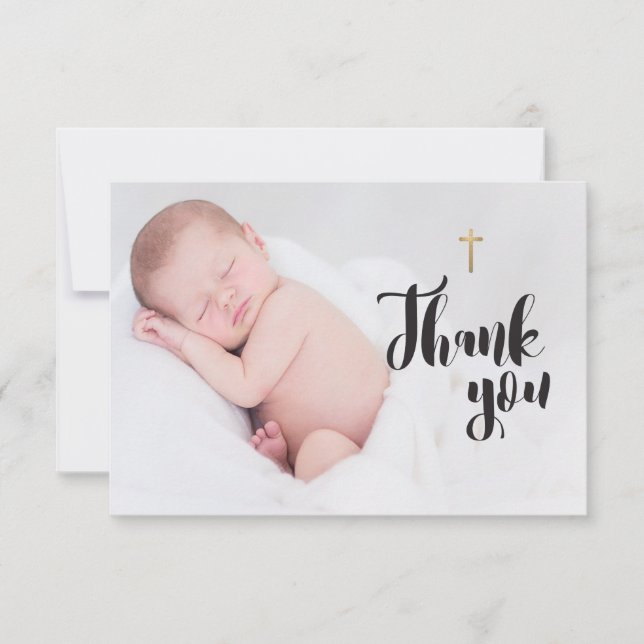 Simple Gold Cross | Baby Baptism Thank you Photo Card (Front)