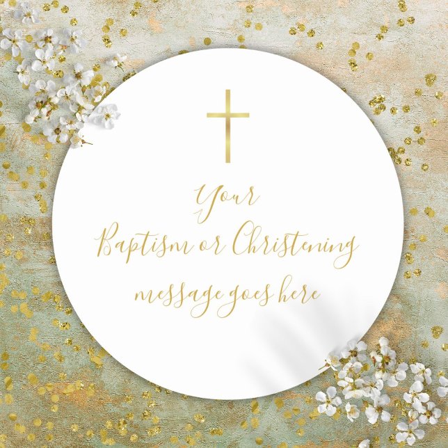 Simple Gold Cross Baptism Christening Message Classic Round Sticker (Simple Gold Cross Baptism Christening Message Classic Round Sticker)