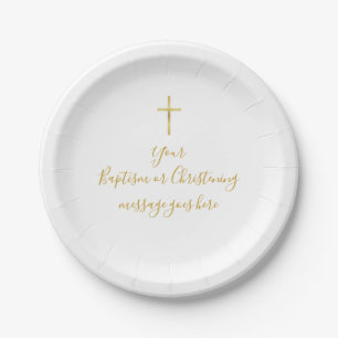 Simple Gold Cross Baptism Christening Message Paper Plate