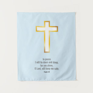 Simple Gold Cross Bible Verse On Light Blue Tapestry