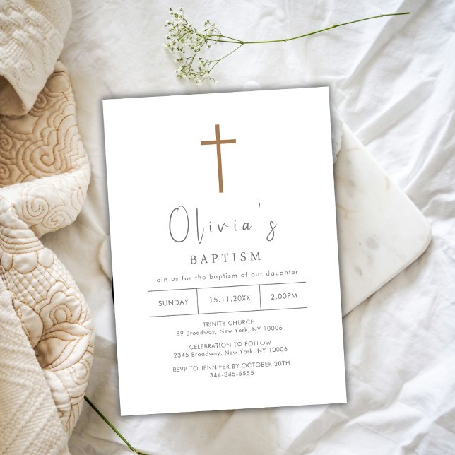 Simple Gold Cross Christening Baptism Invitation (Simple Gold Cross Christening Baptism Invitation)