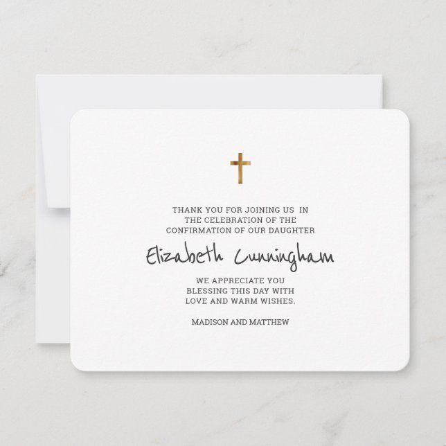 Simple Gold Cross Confirmation Thank You Card (Front)