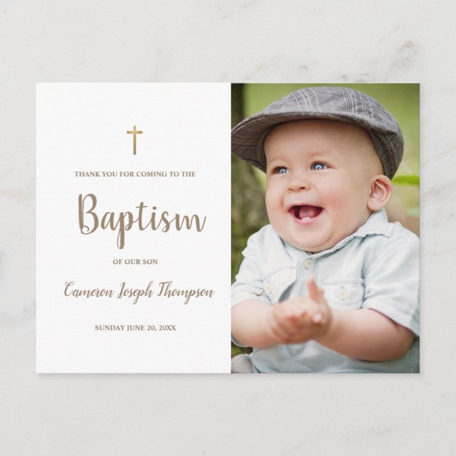 Simple Gold Cross Custom Photo baby Baptism Postcard (Front)