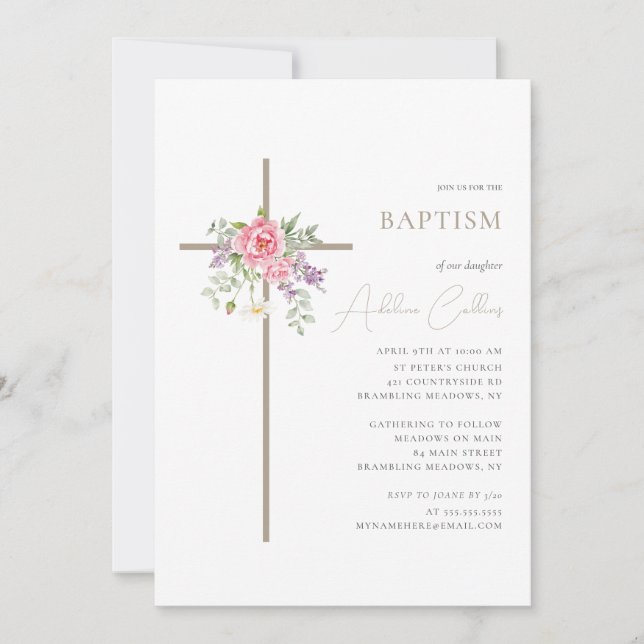 Simple Gold Cross Elegant Minimalist Baptism Invitation (Front)