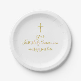 Simple Gold Cross First Holy Communion Message Paper Plate