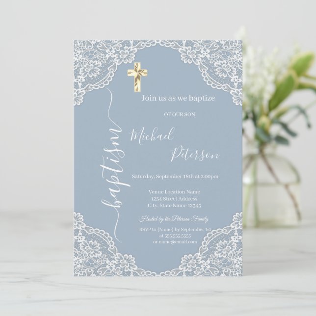 Simple Gold Cross Lace Baptism Dusty Blue Invitation (Standing Front)